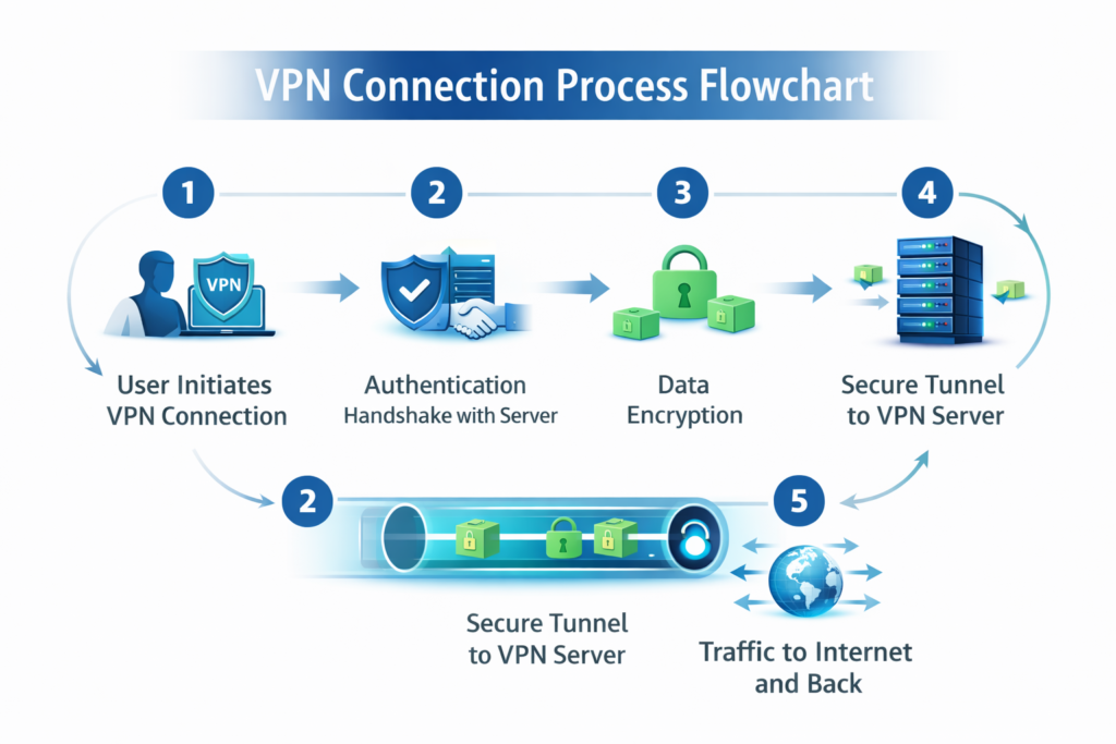 Step-by-step flowchart illustrating the VPN connection process from authentication through secure data transmission