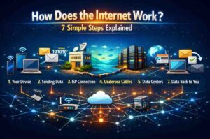 Infographic showing how the internet works in 7 simple steps including device, data transfer, ISP connection