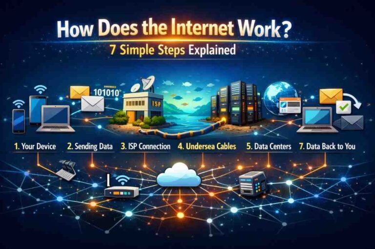 Infographic showing how the internet works in 7 simple steps including device, data transfer, ISP connection