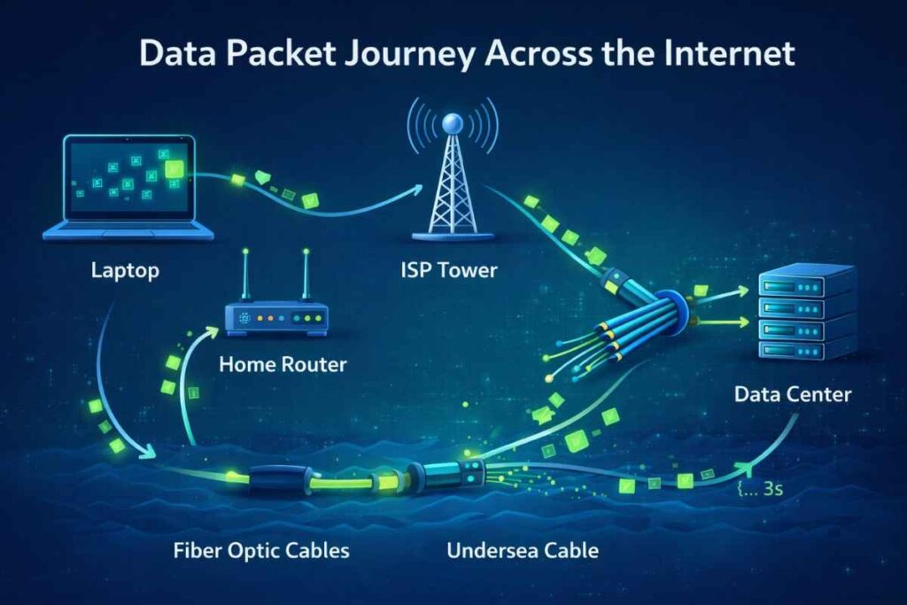 Visual diagram showing how does data travel through the internet from source to destination