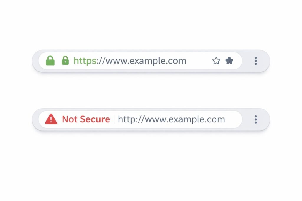 "Browser address bar showing HTTPS padlock vs HTTP Not Secure warning as part of HTTP vs HTTPS difference"