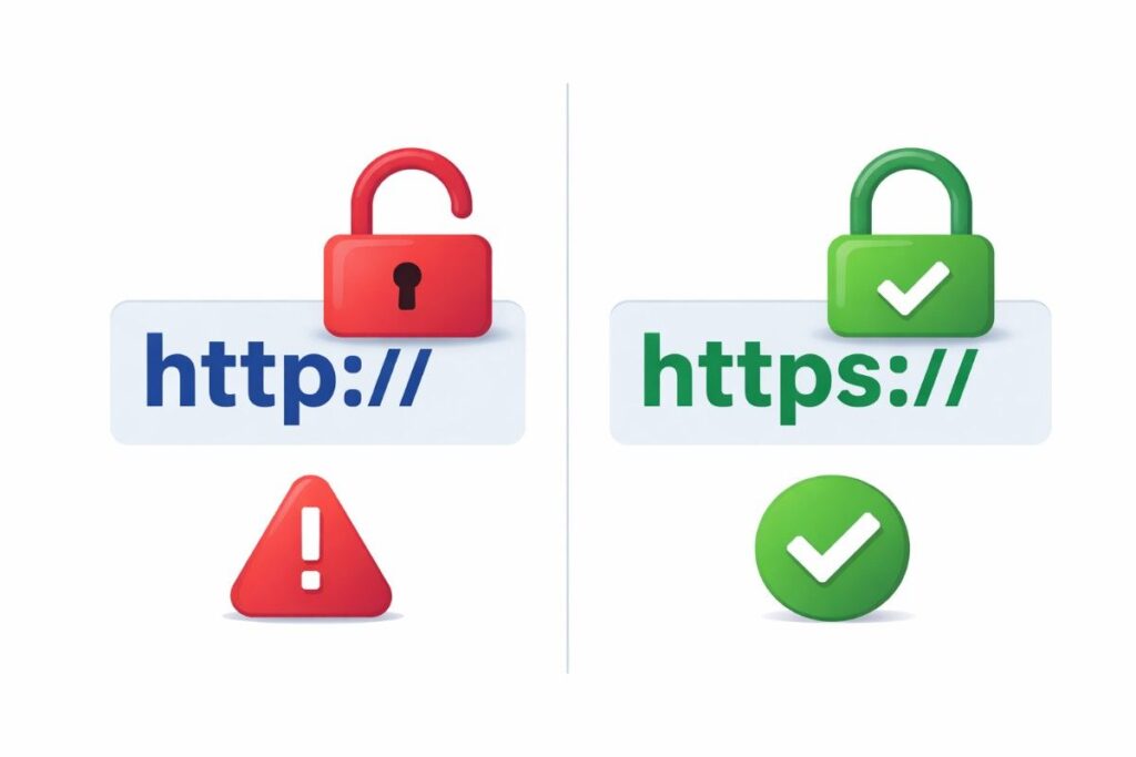 HTTP vs HTTPS difference illustrated with padlock icons showing security comparison