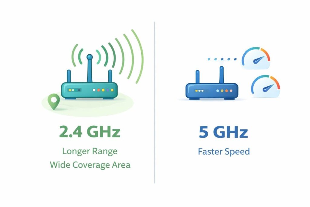 2.4 GHz vs 5 GHz Wi-Fi frequency comparison diagram illustrating range and speed differences