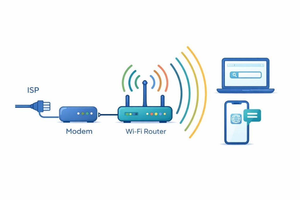 "Diagram explaining how does Wi-Fi work — from ISP to router to wireless devices"