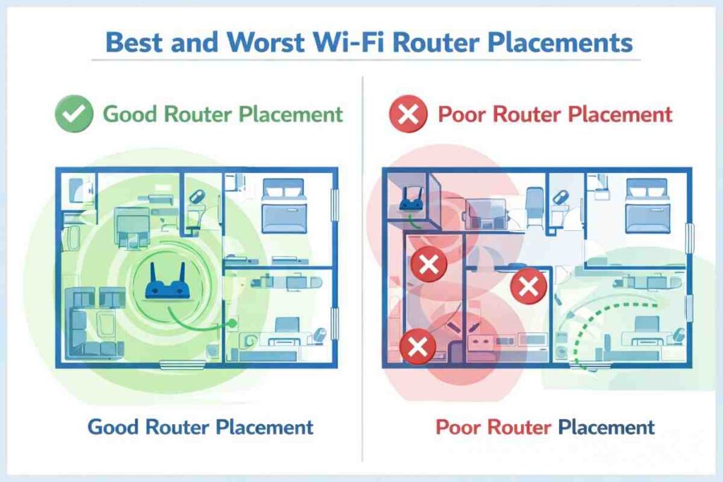 Visual guide comparing optimal and suboptimal router placement locations in a home