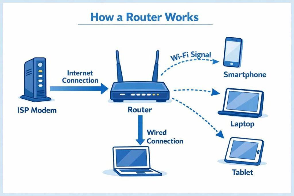 Diagram showing how a router connects multiple devices to the internet from an ISP connection"