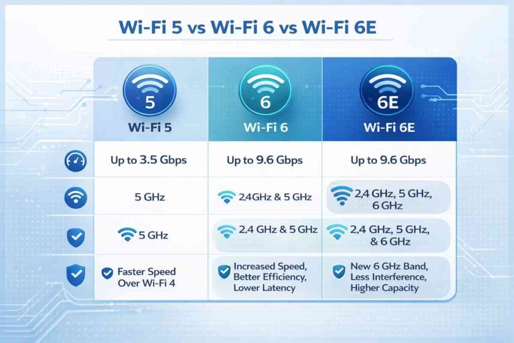 Comparison chart of WiFi standards showing speeds and features for Wi-Fi 5, Wi-Fi 6, and Wi-Fi 6E