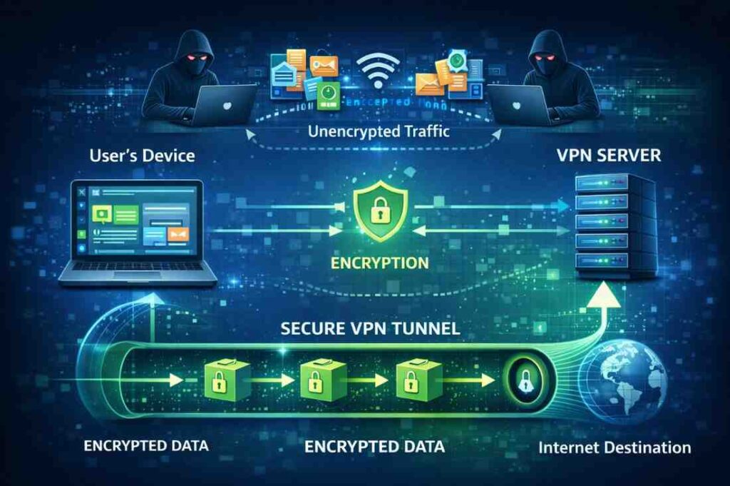  how VPN encryption creates a secure tunnel protecting data from interception by hackers and ISPs