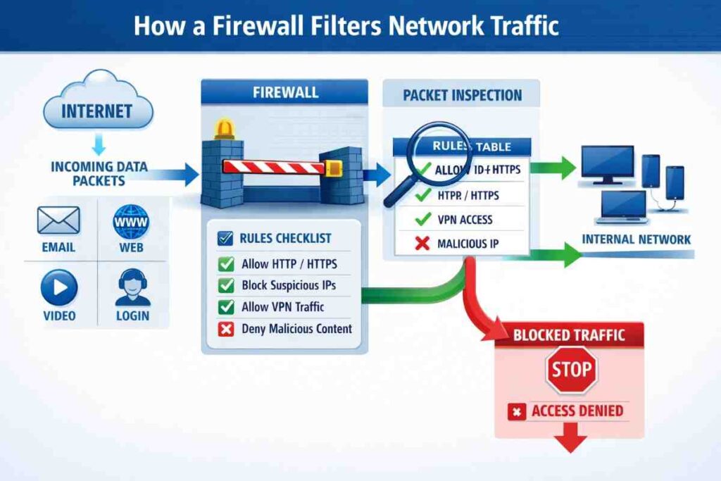 firewall types including hardware, software, stateful, proxy, and next-generation firewalls with their features and applications"