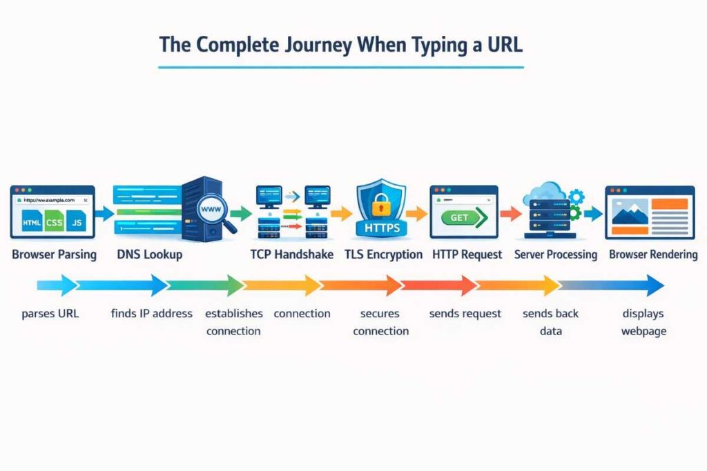 Visual diagram showing what happens when you type a URL from start to finish