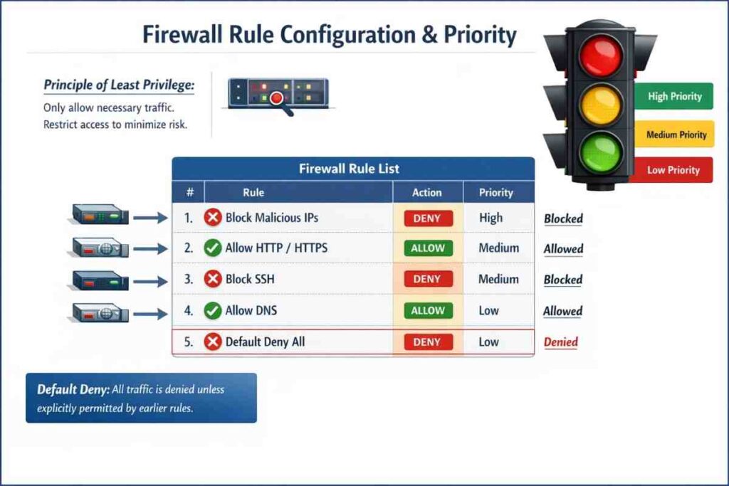 Visual guide to firewall rule configuration showing rule priority, matching process, and security best practices for network access control