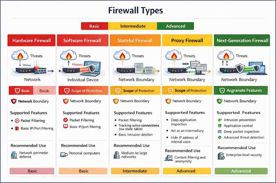 Comparison chart displaying different firewall types including hardware, software, stateful, proxy, and next-generation firewalls with their features and applications"