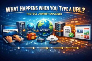 Illustration showing the full journey of typing a URL, including DNS lookup, ISP connection, internet data transfer, HTTP/HTTPS request, and webpage loading process.