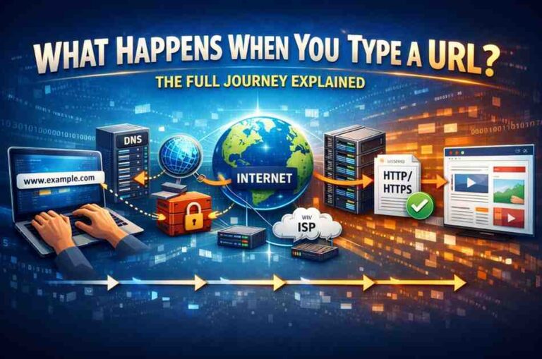 Illustration showing the full journey of typing a URL, including DNS lookup, ISP connection, internet data transfer, HTTP/HTTPS request, and webpage loading process.