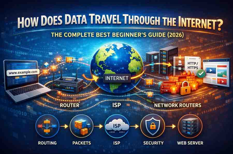 Infographic illustrating how data travels through the internet, showing steps like data packets moving from a computer through routers, ISP, network routes, security layers, and finally reaching a web server.