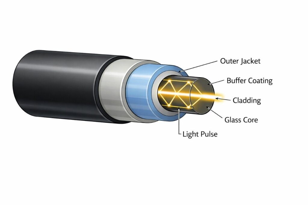 How fiber optic cables transmit data as light pulses through glass fibers