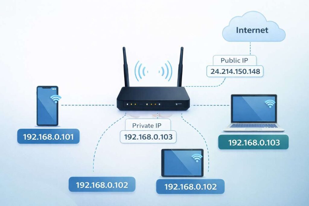 Diagram of public and private IP addresses on a home network